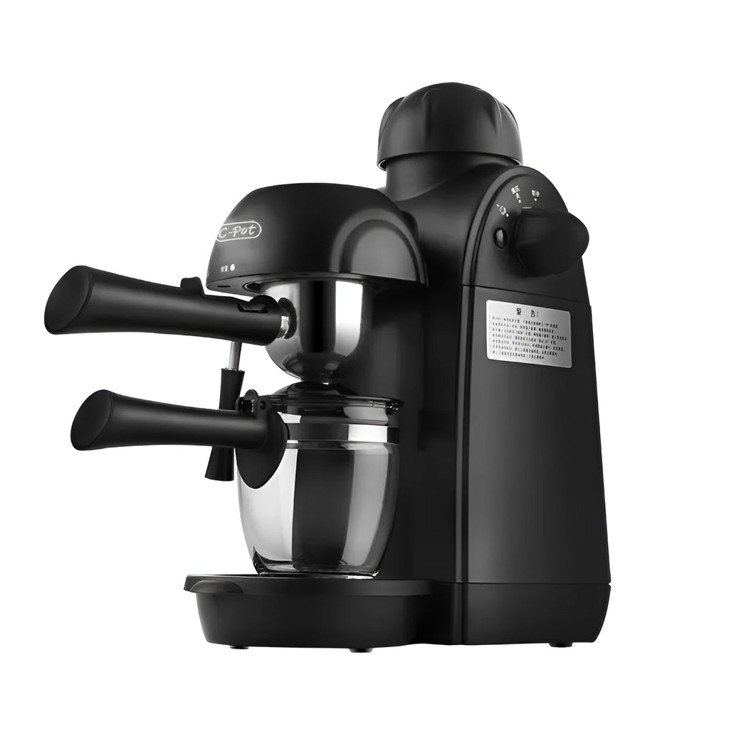 Black home mini espresso machine, semi-automatic steam type, 5 cup capacity, EU model, 220-240V, 730-800W, Italian style.