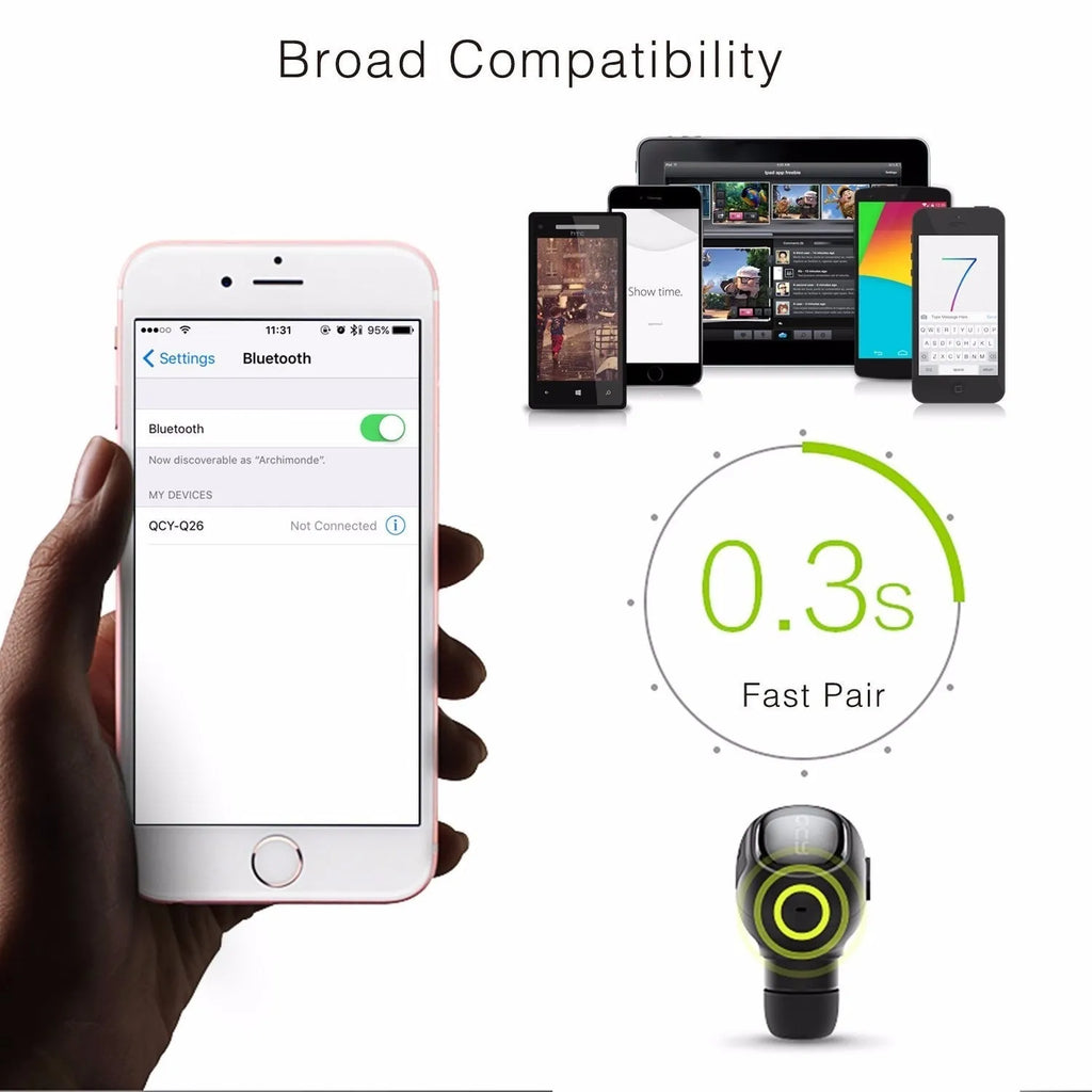 QCY Q26 black single-ear Bluetooth headset with microphone, USB cable and three earplugs