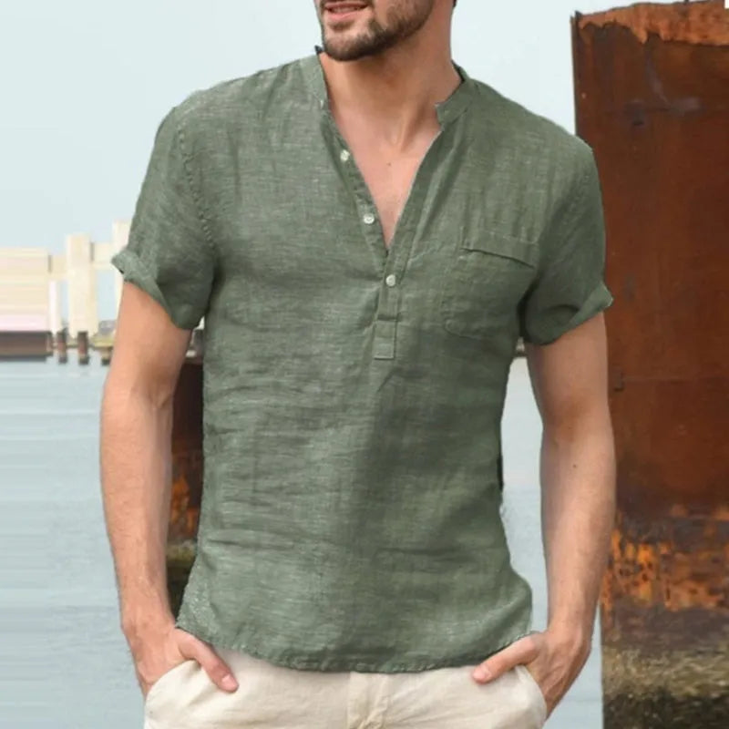 Casual linen polo shirt in Beige, Black, Dark Blue, Grey, or White, short sleeve, sizes L to 5XL