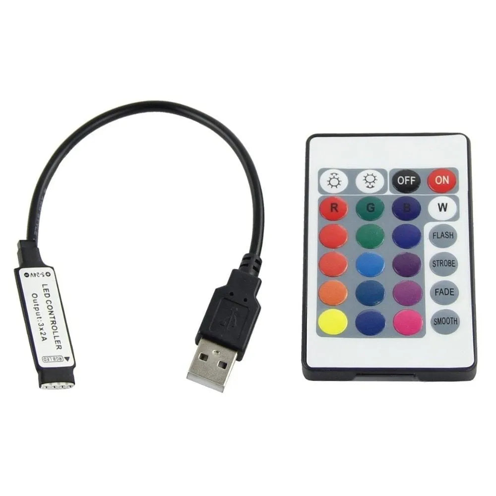 Flexible one-metre long USB LED light strip emitting blue light, coiled next to its USB power cable.