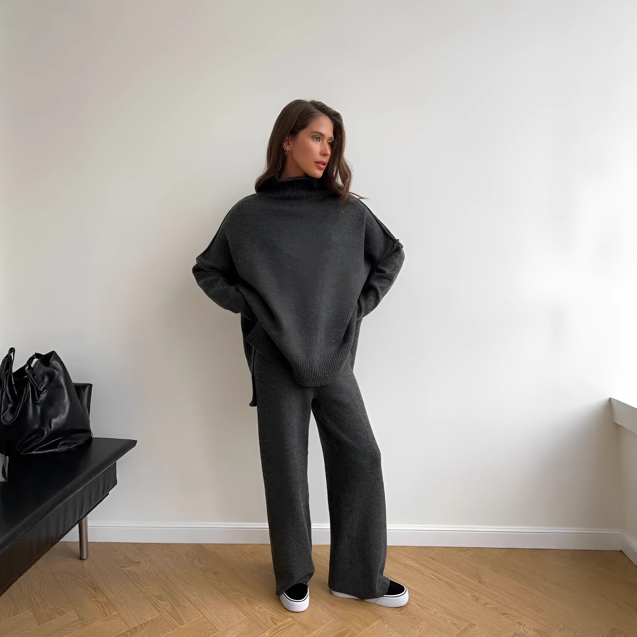 Women's dark khaki side-slit acrylic sweater with matching trousers suit set