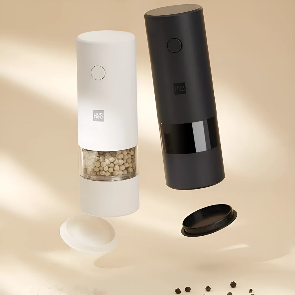 Black electric grinder for black pepper and sea salt with ceramic mechanism, 51.5x157mm, modern simple design