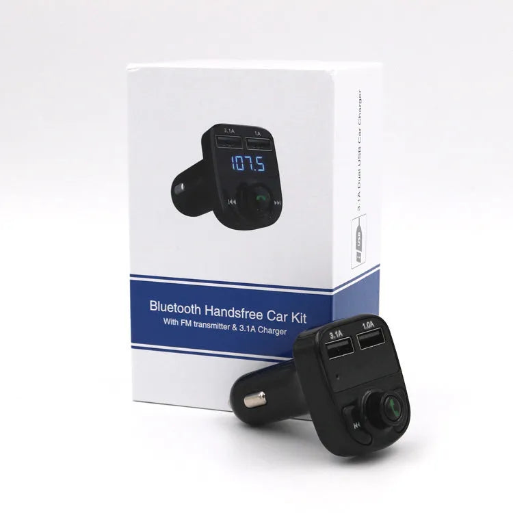 HY82 car Bluetooth MP3 player plugged into a vehicle cigarette lighter socket for hands-free calls and music.