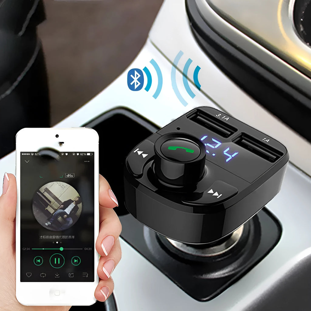 HY82 car Bluetooth MP3 player plugged into a vehicle cigarette lighter socket for hands-free calls and music.