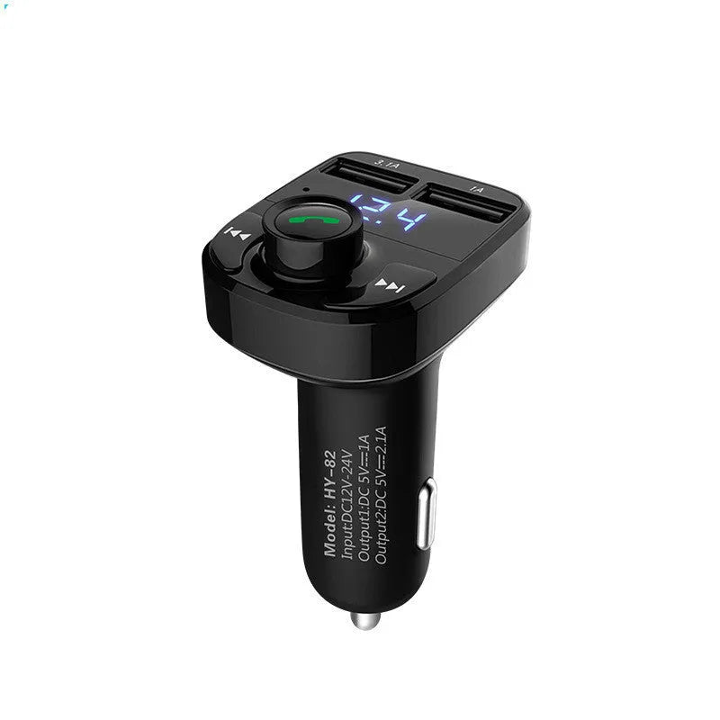 HY82 car Bluetooth MP3 player plugged into a vehicle cigarette lighter socket for hands-free calls and music.