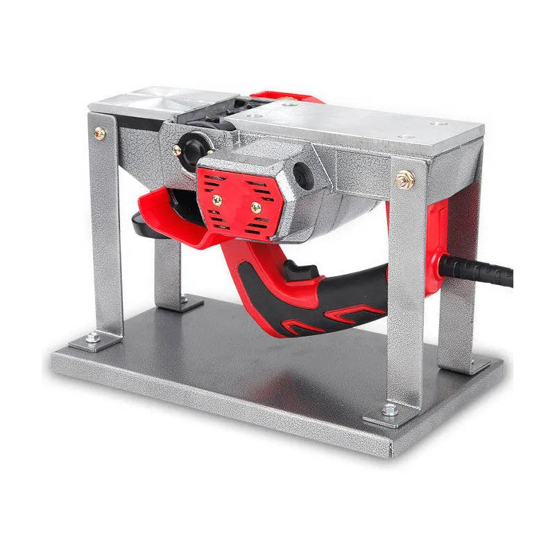 Black iron flip chip bracket for mounting a portable electric planer inverted.