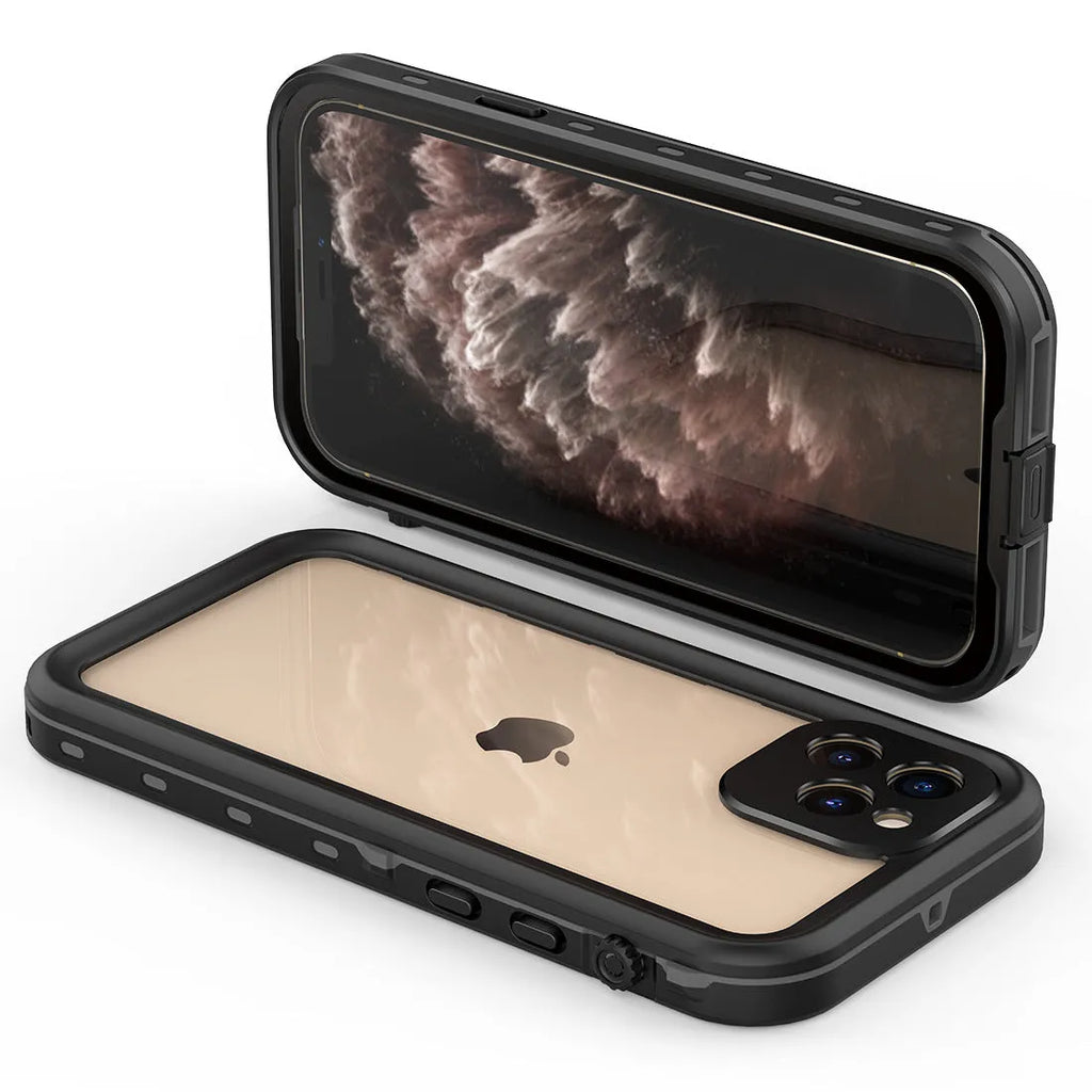 FREDPEPPER IP68 waterproof shockproof case for iPhone in Black, Blue, or Red colours.