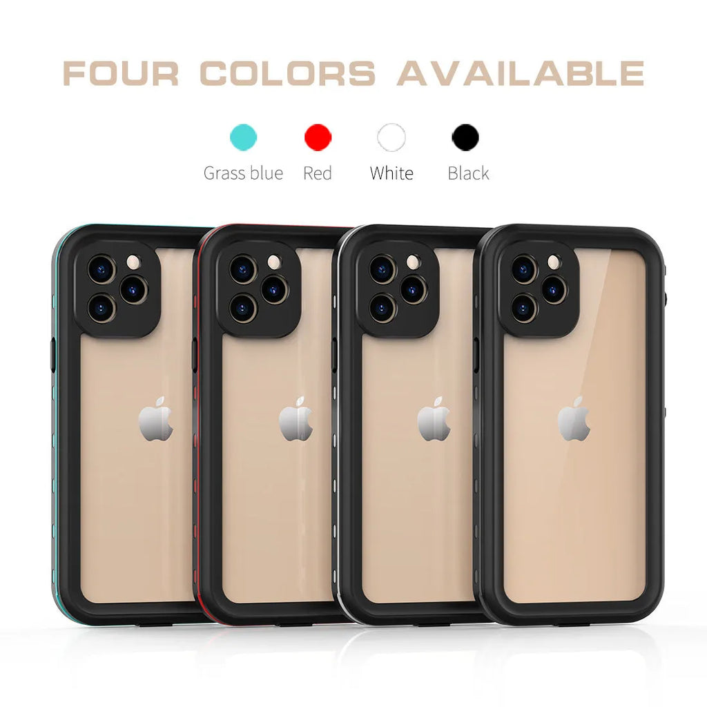 FREDPEPPER IP68 waterproof shockproof case for iPhone in Black, Blue, or Red colours.