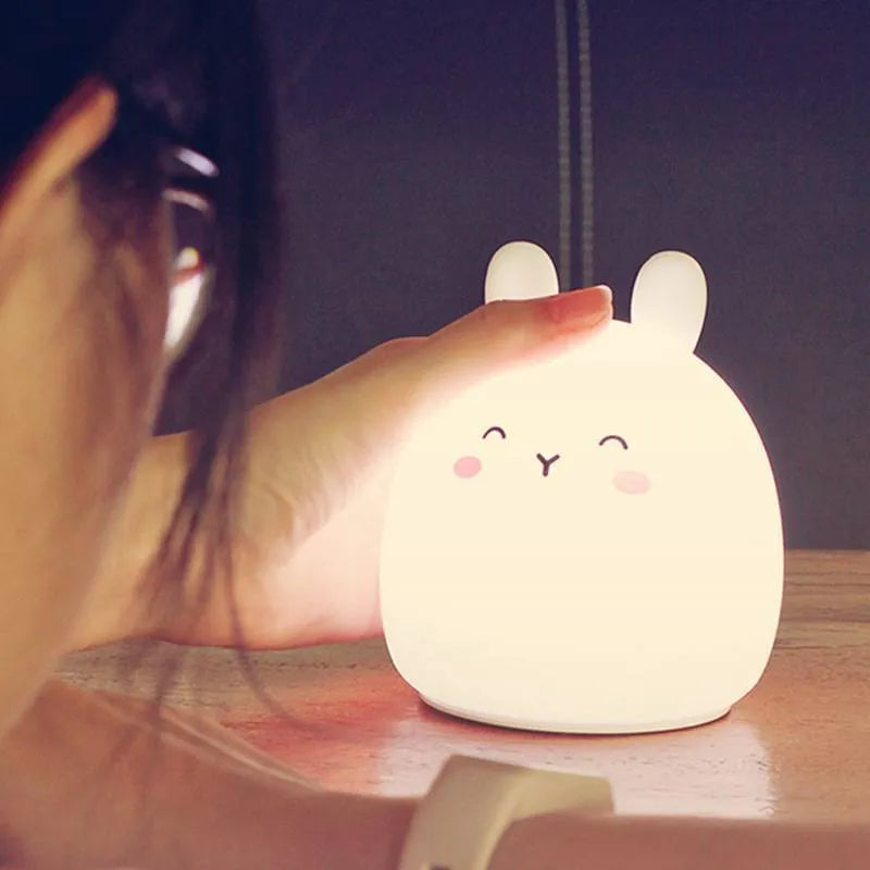 Cartoon rabbit silicone night light with colour-changing LED, 102mm by 110mm, USB rechargeable