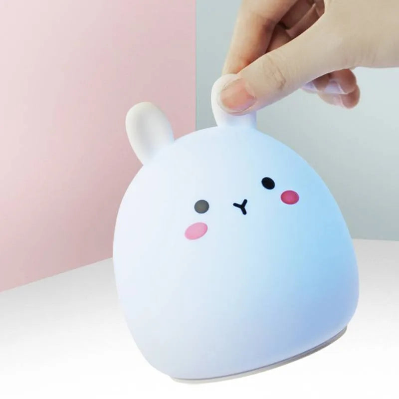 Cartoon rabbit silicone night light with colour-changing LED, 102mm by 110mm, USB rechargeable