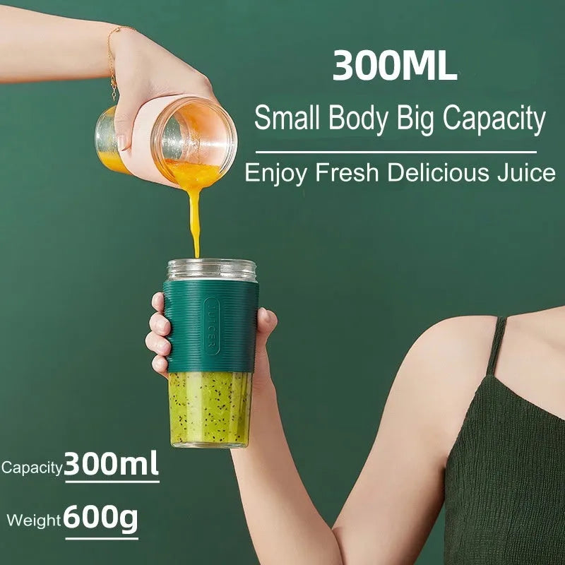 Jiashi K10 portable blender in green with 300ml cup and USB-C charging cable on neutral background