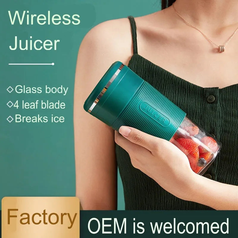 Jiashi K10 portable blender in green with 300ml cup and USB-C charging cable on neutral background