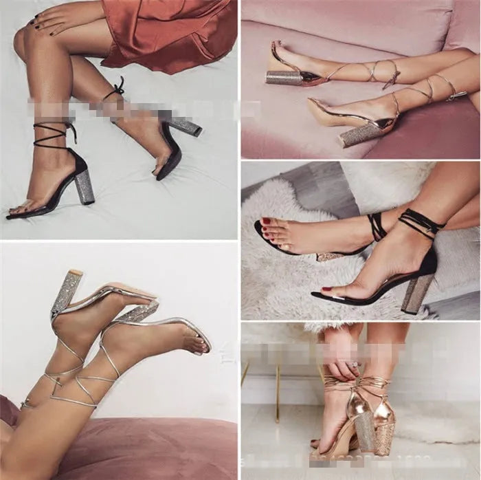 Black and gold pointed toe plastic high heel shoes on a white background.
