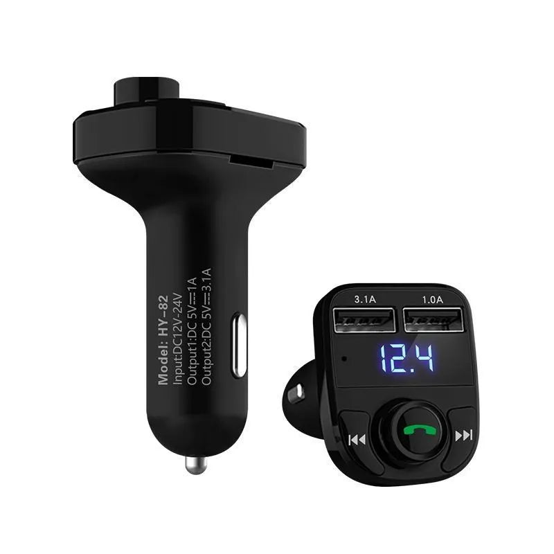 HY82 car Bluetooth MP3 player plugged into a vehicle cigarette lighter socket for hands-free calls and music.