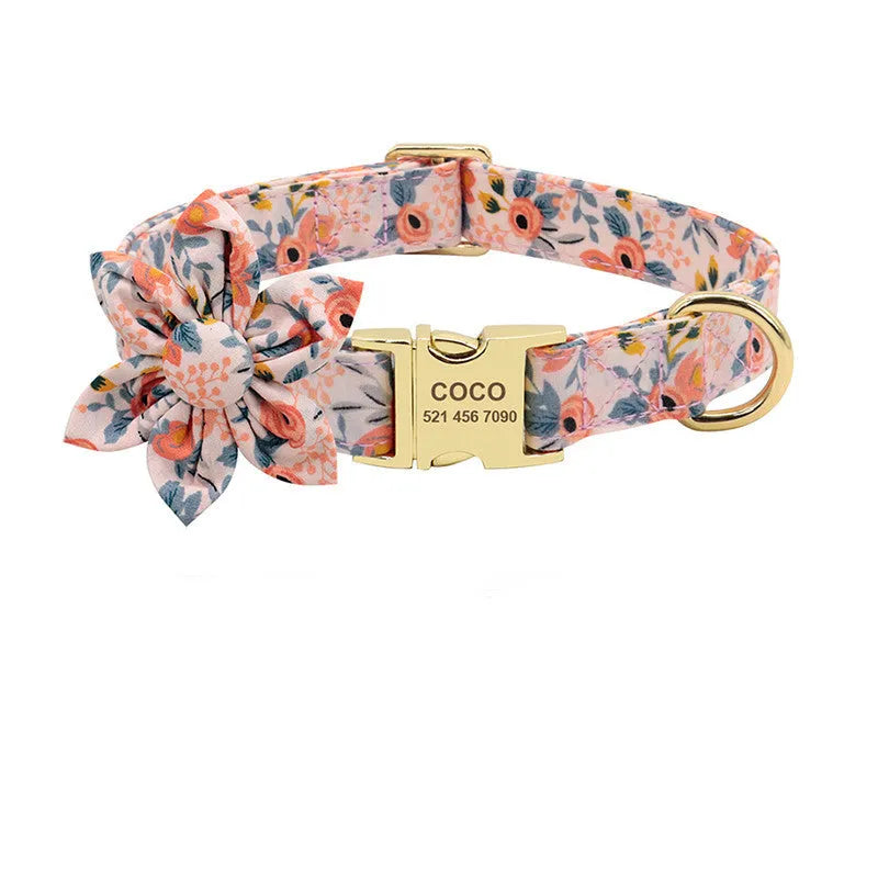 Personalised nylon dog collar with engraved ID tag and removable flower for small to large dogs