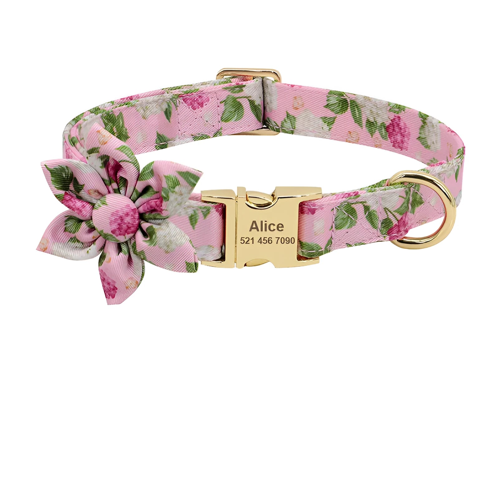 Personalised nylon dog collar with engraved ID tag and removable flower for small to large dogs
