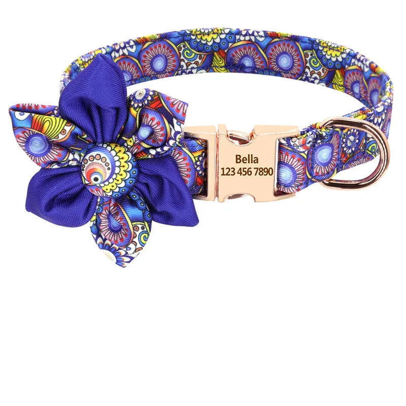 Personalised nylon dog collar with engraved ID tag and removable flower for small to large dogs