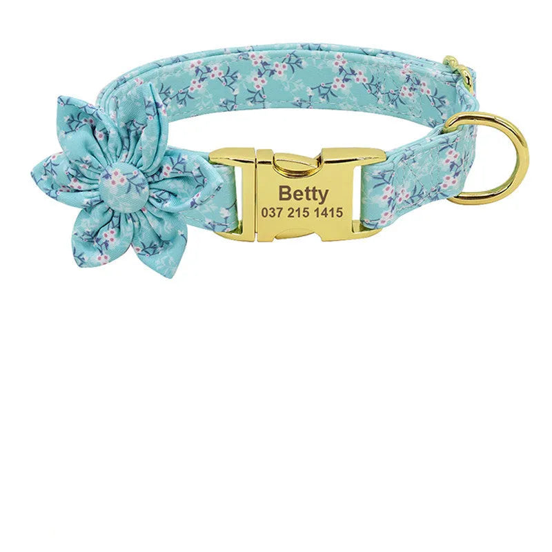 Personalised nylon dog collar with engraved ID tag and removable flower for small to large dogs