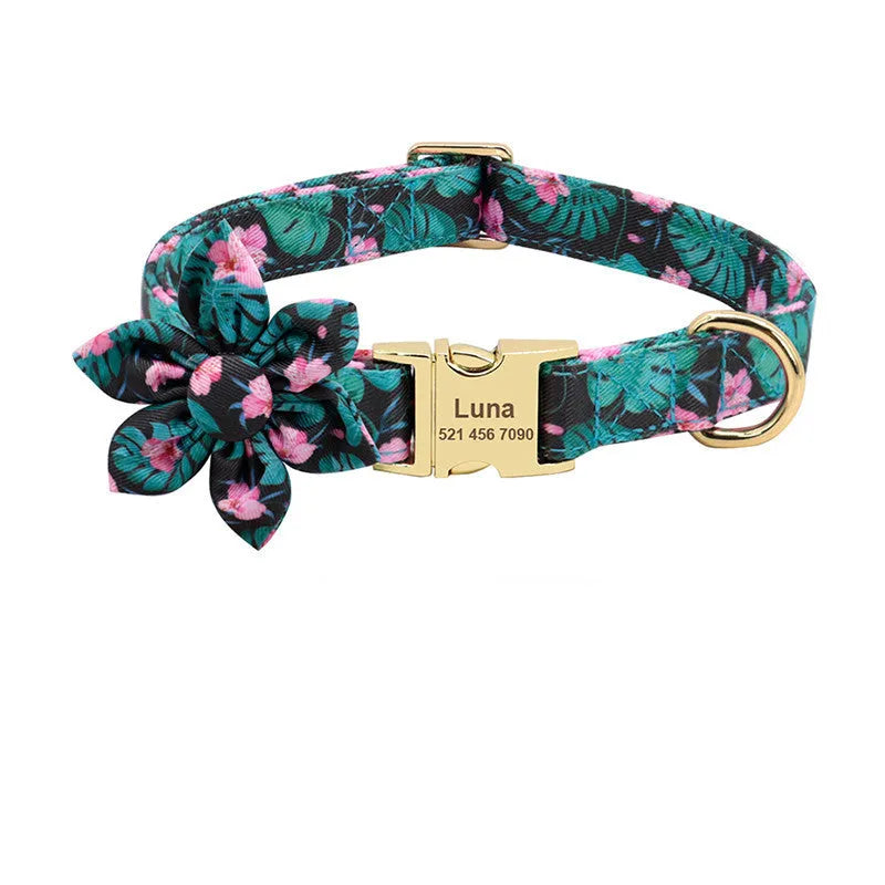 Personalised nylon dog collar with engraved ID tag and removable flower for small to large dogs