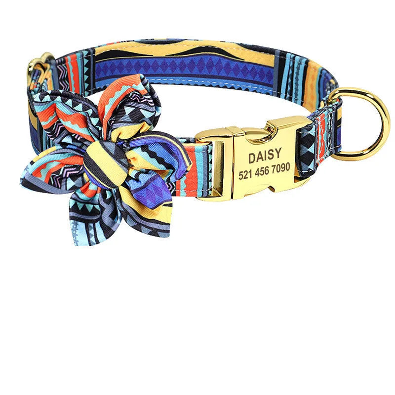 Personalised nylon dog collar with engraved ID tag and removable flower for small to large dogs