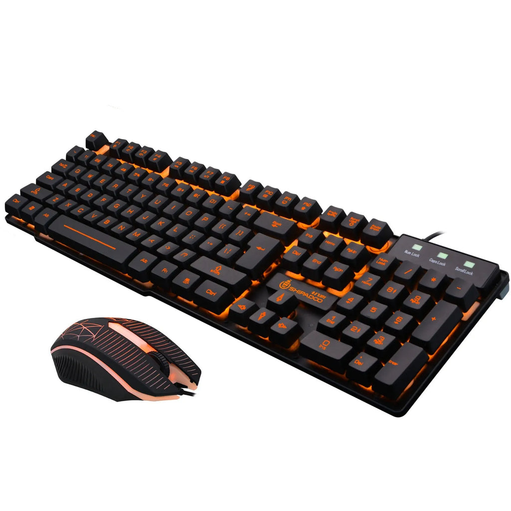 Mechanical feel USB wired keyboard set with metal bottom plate, orange luminous keys, and wired mouse on desk