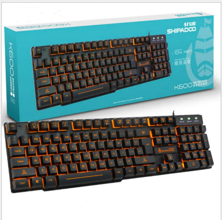 Mechanical feel USB wired keyboard set with metal bottom plate, orange luminous keys, and wired mouse on desk