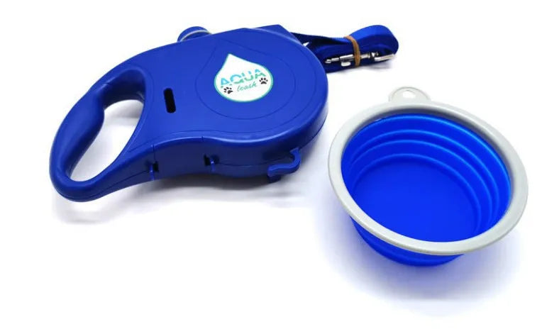 Retractable dog lead in blue, black or red with silicone folding bowl, 22x16x5.5cm