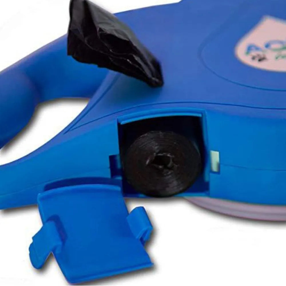Retractable dog lead in blue, black or red with silicone folding bowl, 22x16x5.5cm
