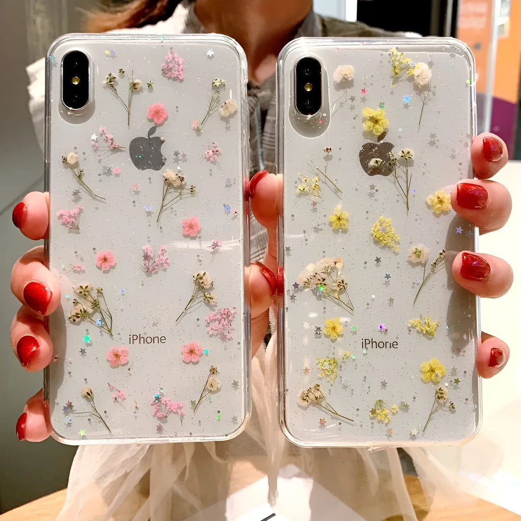 Epoxy glitter dried flower real flower small floral phone case in blue TPU back cover for iPhone