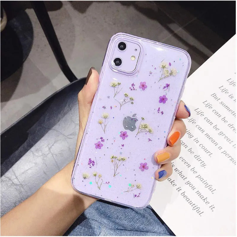 Epoxy glitter dried flower real flower small floral phone case in blue TPU back cover for iPhone