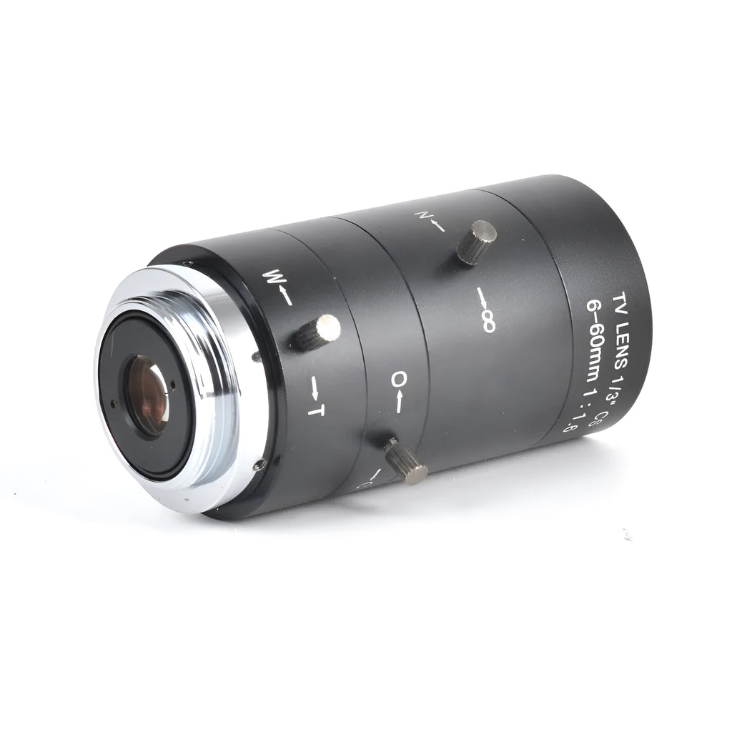 Black manual aperture CCTV lens with 6-60mm focal range and CS mount