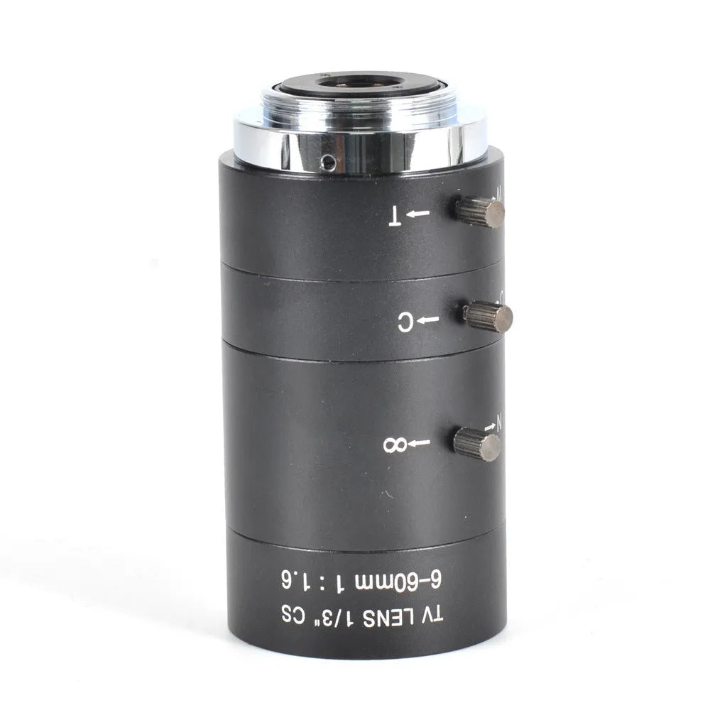 Black manual aperture CCTV lens with 6-60mm focal range and CS mount