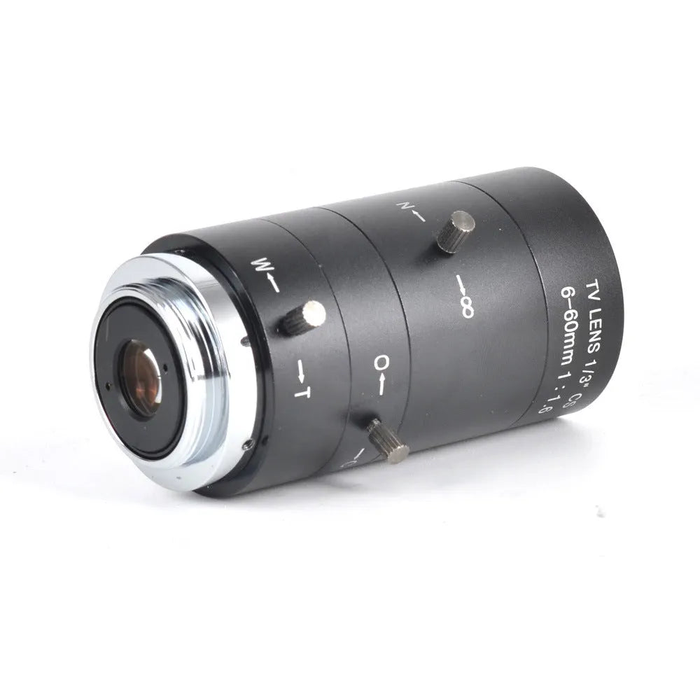 Black manual aperture CCTV lens with 6-60mm focal range and CS mount