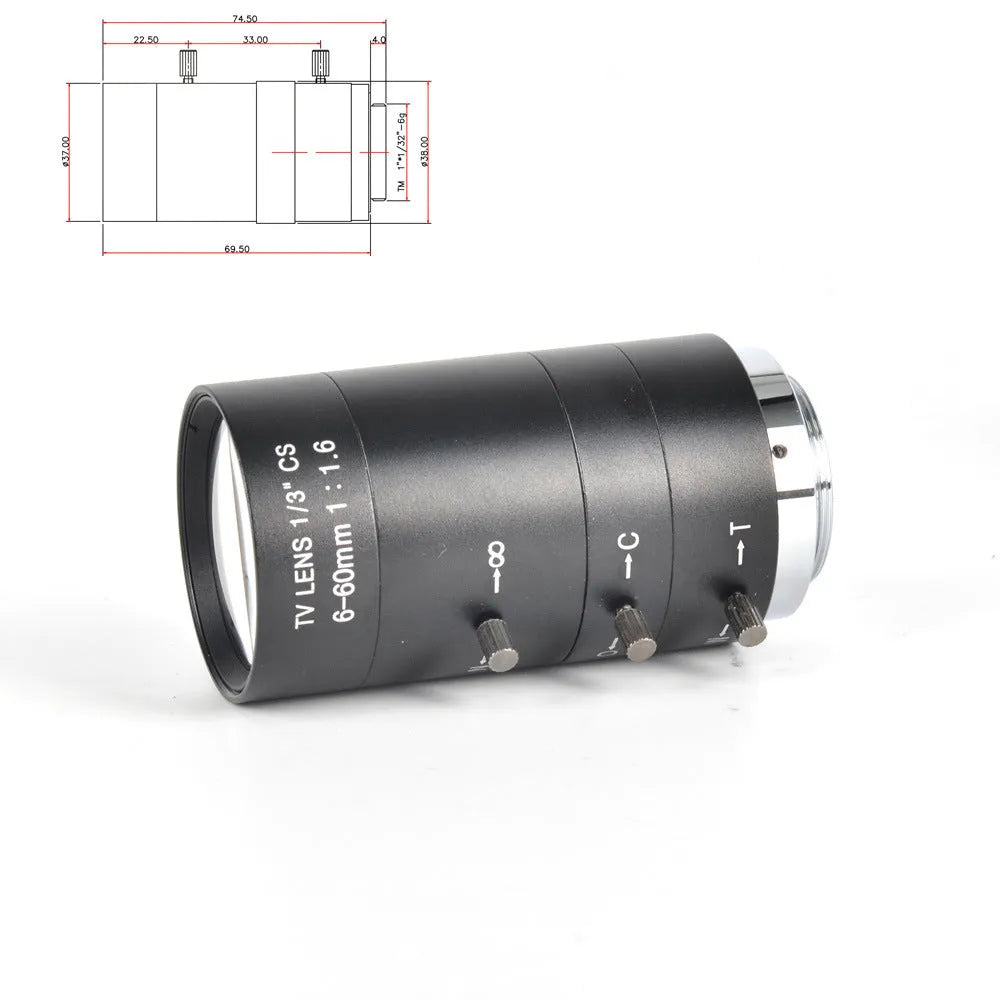 Black manual aperture CCTV lens with 6-60mm focal range and CS mount