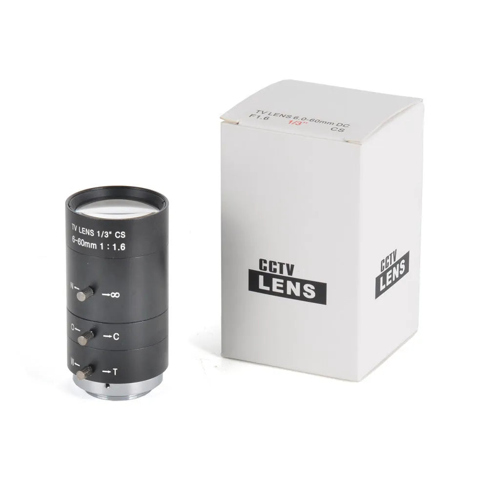 Black manual aperture CCTV lens with 6-60mm focal range and CS mount