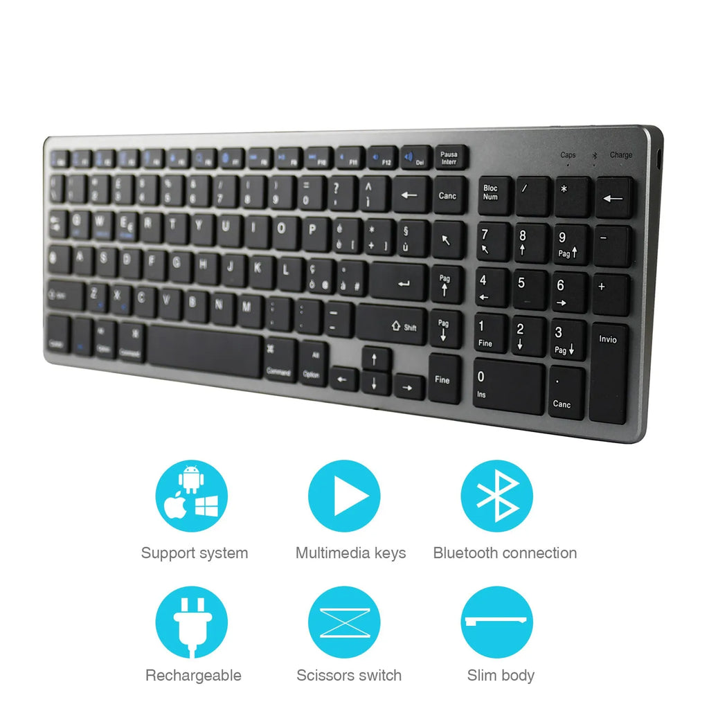 Ultra-thin Bluetooth keyboard for tablets and mobile phones with 104 keys