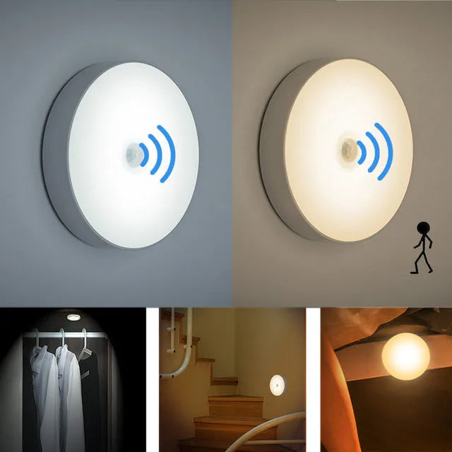 Small circular beige or white USB rechargeable body sensing LED night light with adhesive tape