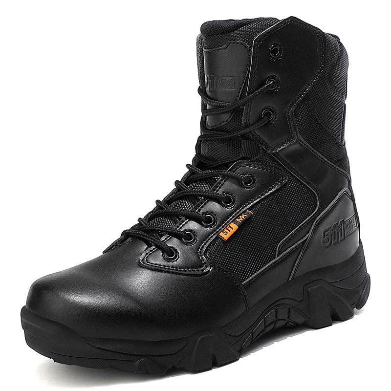 Men's waterproof army outdoor boots with polyurethane upper and lace-up fastening, shown in yellow, black or beige, sizes 39 to 47