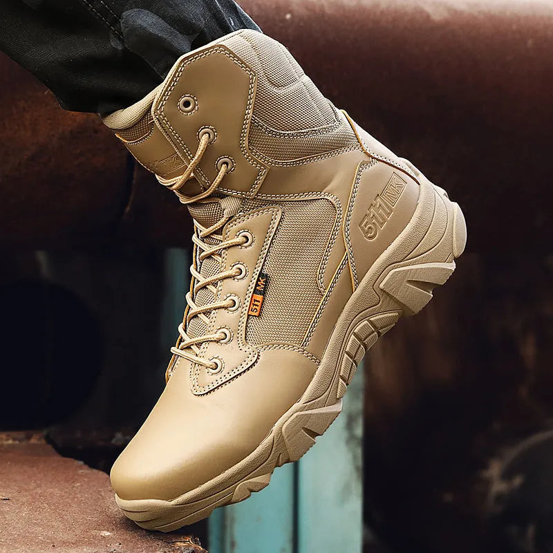 Men's waterproof army outdoor boots with polyurethane upper and lace-up fastening, shown in yellow, black or beige, sizes 39 to 47