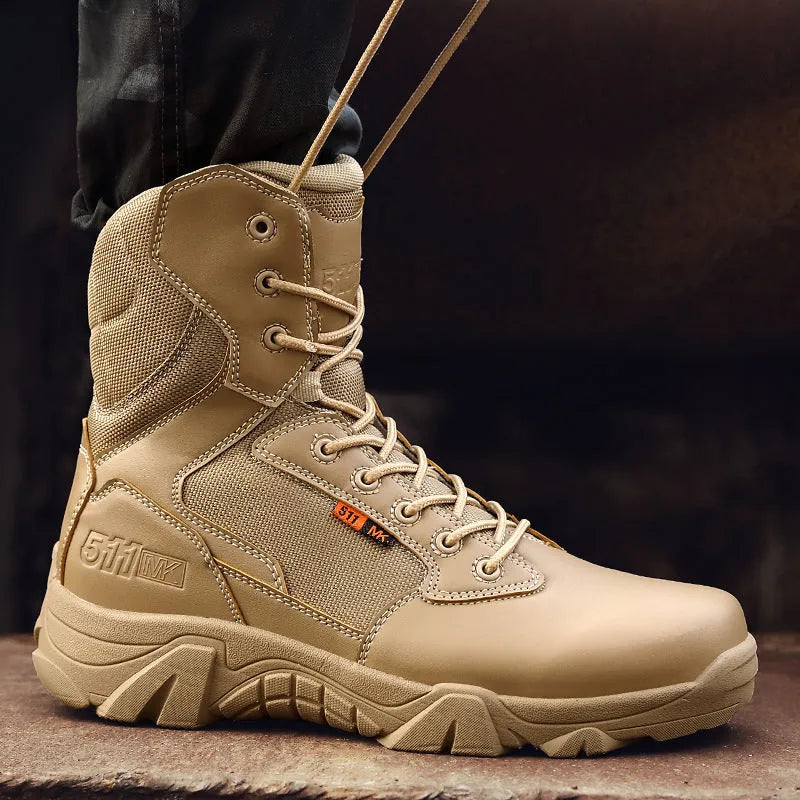 Men's waterproof army outdoor boots with polyurethane upper and lace-up fastening, shown in yellow, black or beige, sizes 39 to 47