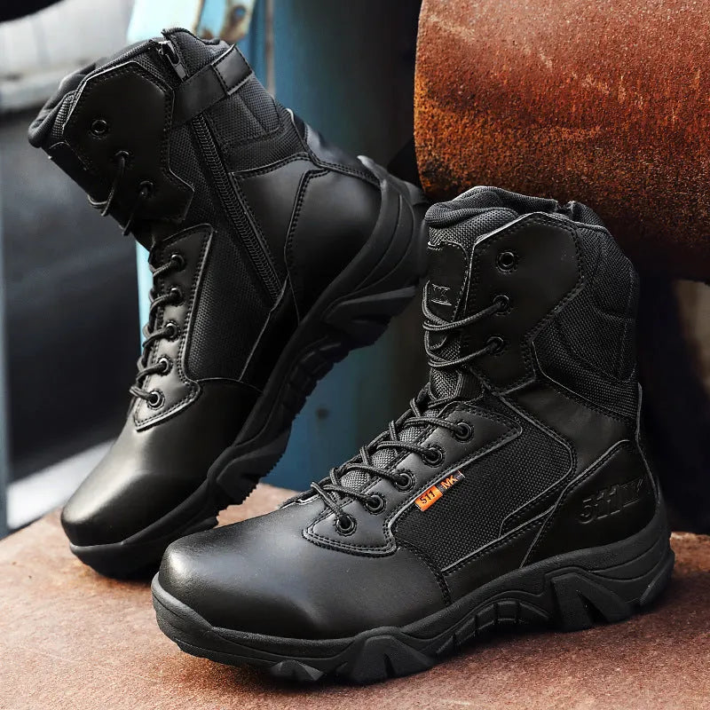 Men's waterproof army outdoor boots with polyurethane upper and lace-up fastening, shown in yellow, black or beige, sizes 39 to 47