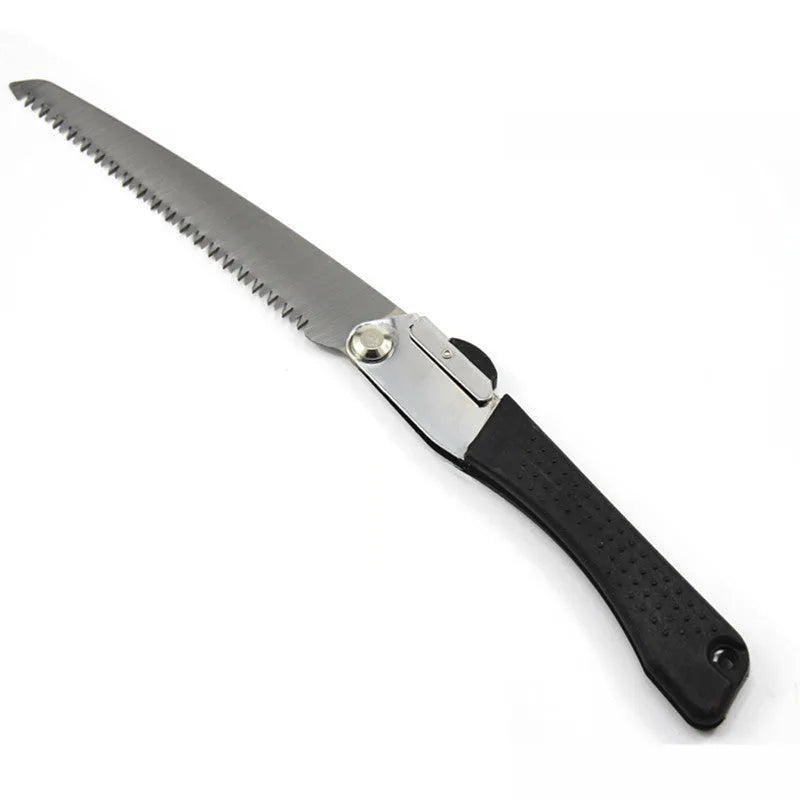Black folding hacksaw with 210mm high carbon steel blade and PVC handle for gardening and camping