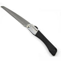 Black folding hacksaw with 210mm high carbon steel blade and PVC handle for gardening and camping
