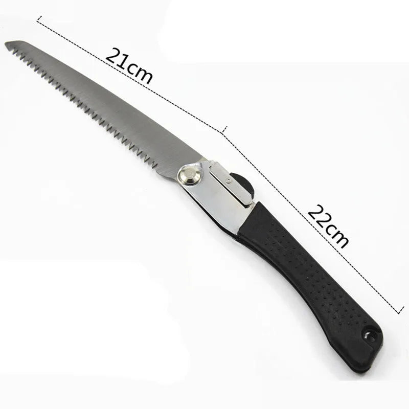 Black folding hacksaw with 210mm high carbon steel blade and PVC handle for gardening and camping