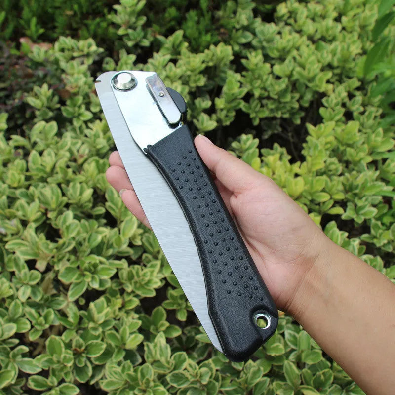 Black folding hacksaw with 210mm high carbon steel blade and PVC handle for gardening and camping