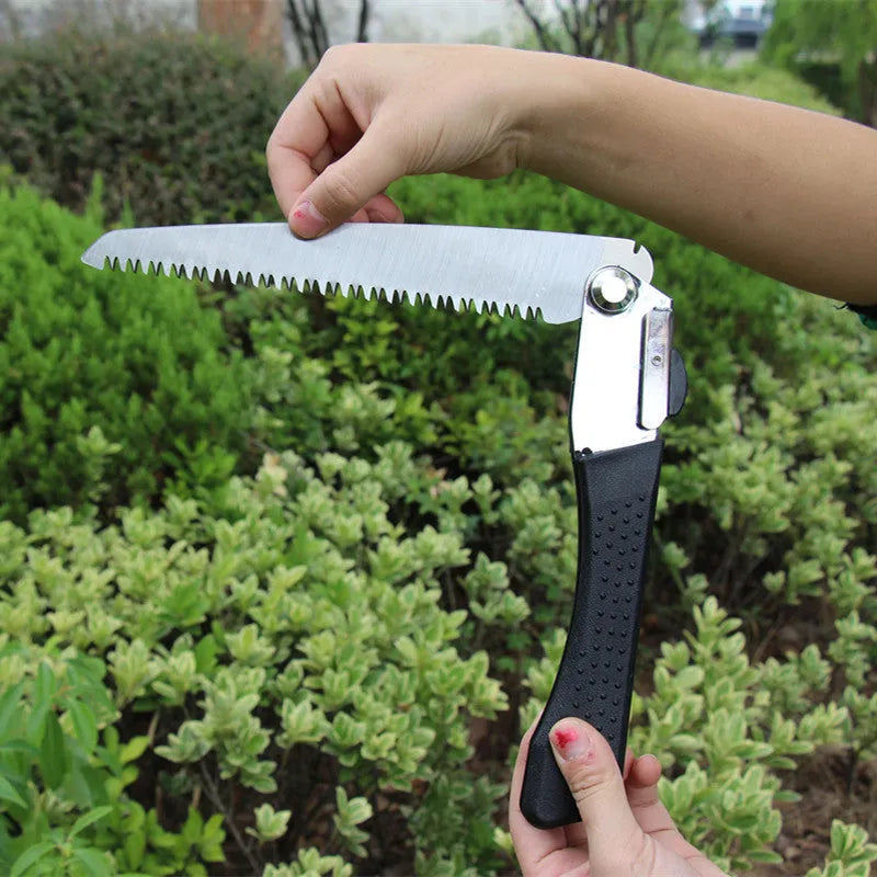 Black folding hacksaw with 210mm high carbon steel blade and PVC handle for gardening and camping