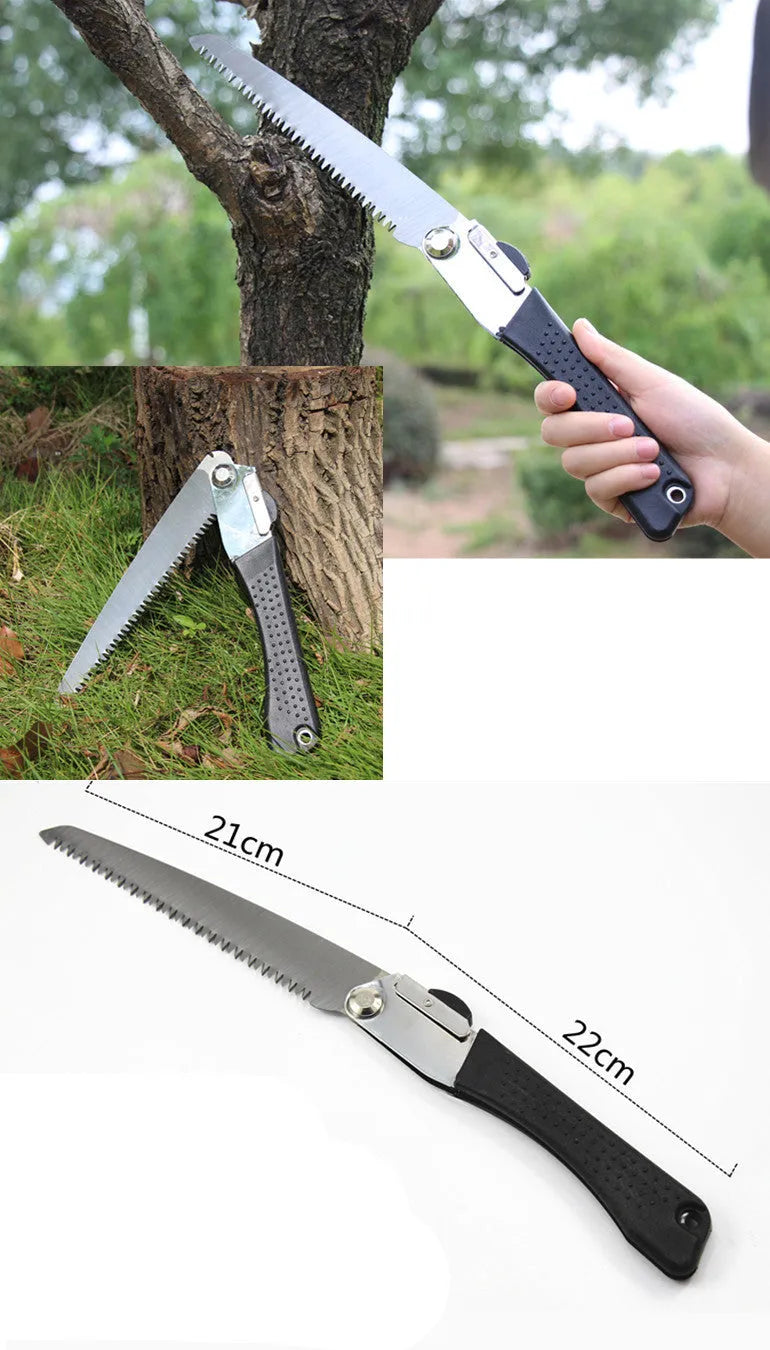 Black folding hacksaw with 210mm high carbon steel blade and PVC handle for gardening and camping