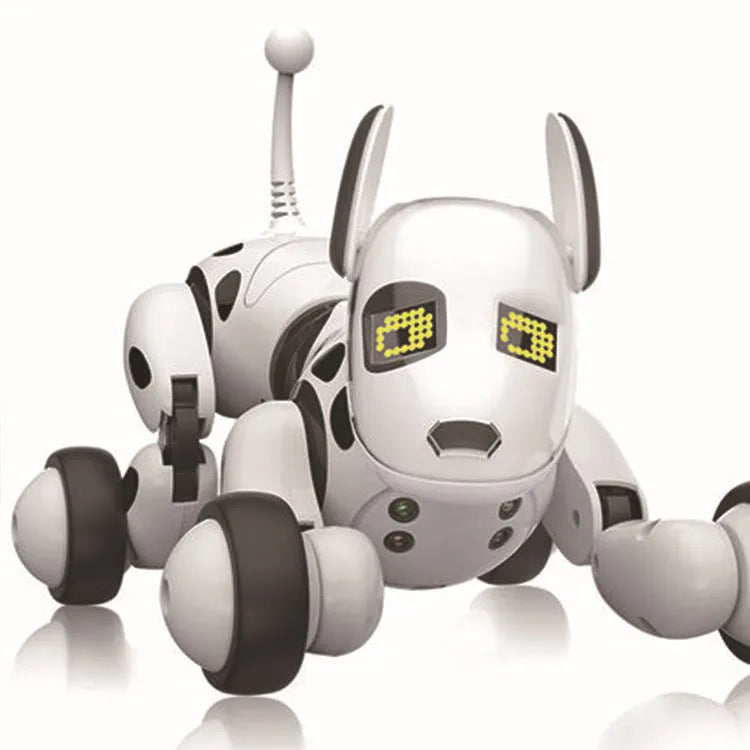 Smart robot dog electronic toy with remote control on a table.