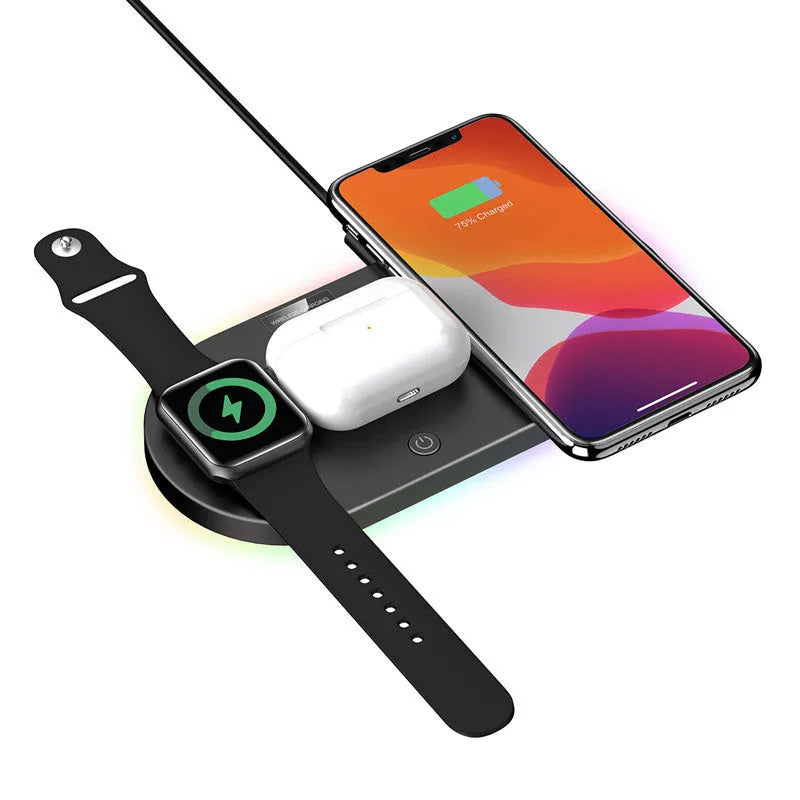 Black and white desktop wireless charger with USB cable and indicator light
