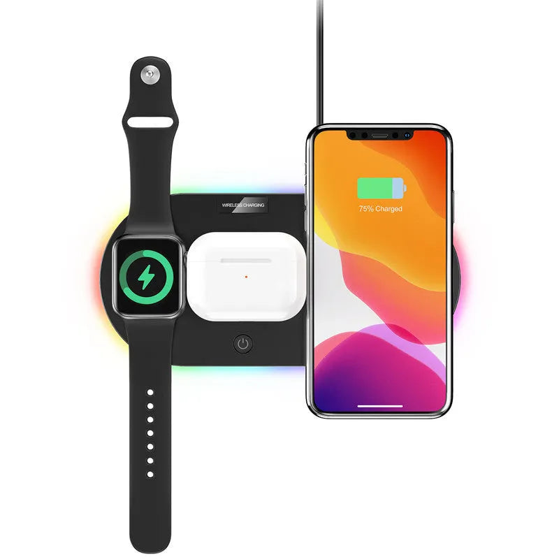 Black and white desktop wireless charger with USB cable and indicator light